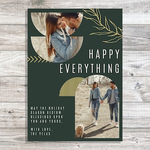 Happy Everything Carte de vacances moderne, Carte photo de Noël abstraite 5x7, Vert et Or