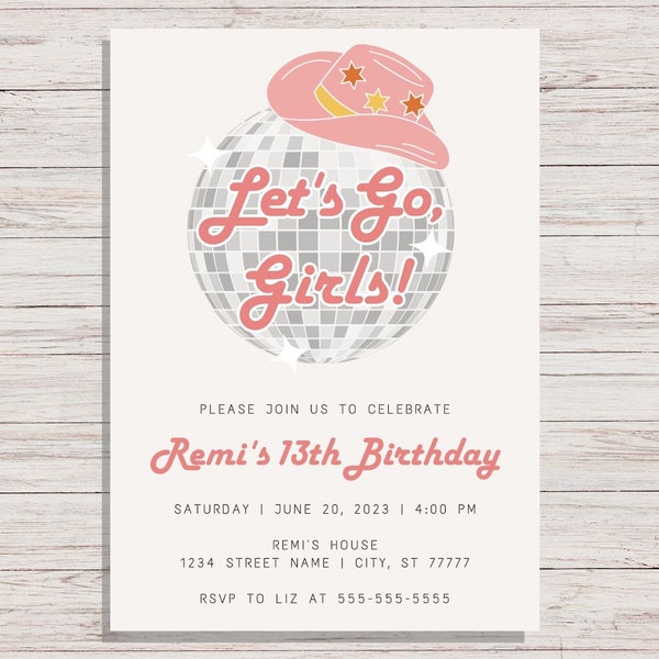 Let's Go Girls Disco Cowgirl Birthday Party Invitation, Retro Disco Ball and Pink Cowboy Hat, 5x7