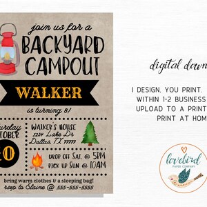 Puede incluir: Una invitaci&oacute;n a una fiesta de Backyard Campout con una ilustraci&oacute;n de linterna en acuarela. La invitaci&oacute;n incluye el texto "&iexcl;WALKER cumple 8 a&ntilde;os!" y los detalles del evento: fecha, hora y lugar. Tambi&eacute;n est&aacute; presente el texto "descarga digital".