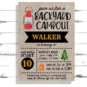 Campout Geburtstagseinladung, Backyard Camping, Boy&#39;s Birthday Invite