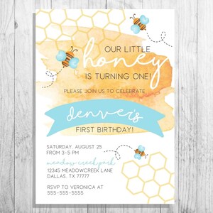 Our Little Honey First Birthday Invitation, Honeycomb and Beehive, Yellow and Blue