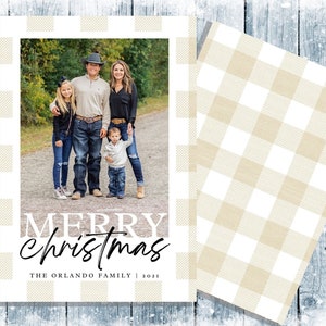 Buffalo Plaid Family Holiday Christmas Card, 5x7, tarjeta de fotos de color beige neutro y blanco