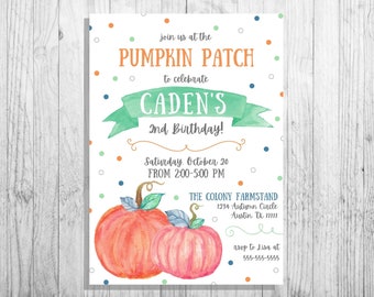 May include: A printable invitation for a 2nd birthday party at a pumpkin patch. The invitation features a watercolor illustration of two pumpkins, a green banner with the text "Caden's 2nd Birthday!" and a white background with orange, blue, and green confetti.