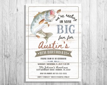 Tambaleándose en invitación de cumpleaños de pesca de gran diversión, invitación de cumpleaños de bajo Vintage acuarela de niño