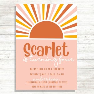 Boho Sunburst Girl&#39;s Birthday Invitation, 5x7 Sunshine Party Invite, Retro Vintage Pink & Yellow