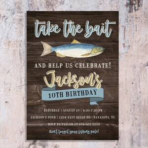 Boy&#39;s Fishing Birthday Invitation, Take The Bait Fishing Party, Wood, Watercolor, Blue & Green 5x7