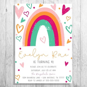 Bright Rainbow and Heart Girl's Birthday Invitation, Pink, Yellow Teal Girly Invite