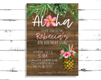 Invitación de cumpleaños de Aloha Luau, fiesta de niña hawaiana tropical