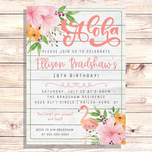 Floral Aloha Hawaiian Luau Birthday Invitation, Girl&#39;s Pink Hibiscus & Flamingo Party, 5x7, Thank You and Facebook Event Cover