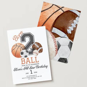 May include: A birthday invitation with a watercolor illustration of a basketball, football, baseball, and soccer ball. The number "2" is in the center of the illustration. The text "Born 2 Ball" is at the top of the invitation. The text "Join us to celebrate Koen's All Star Birthday" is below the illustration. The date and time of the party are listed below the text. The address and RSVP information are at the bottom of the invitation.