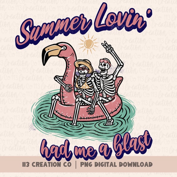 Summer Lovin’ skeleton couple png, retro summer design, skeleton on beach float, funny summer sublimation, digital download