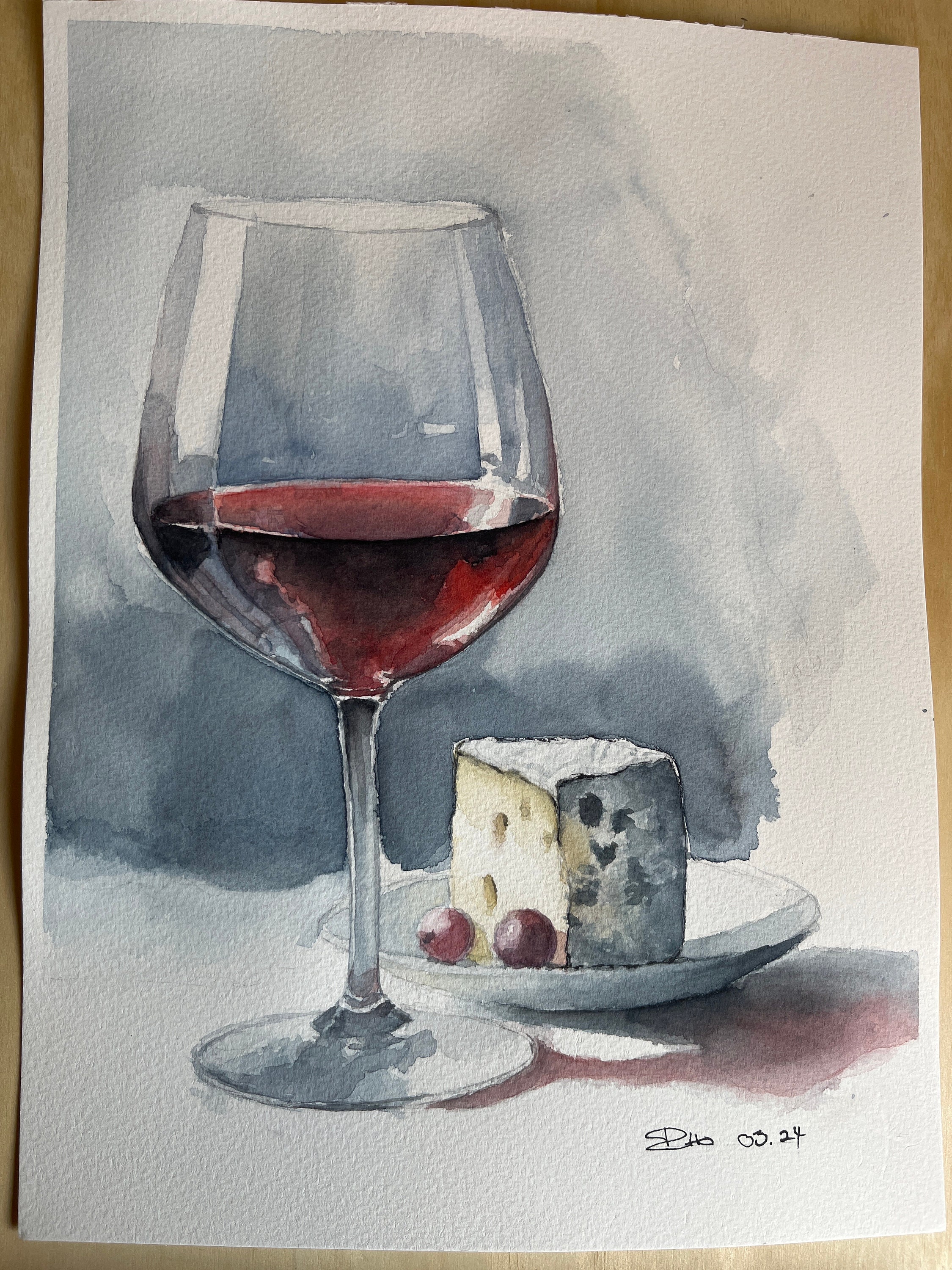 Watercolor ORIGINAL still life with wine