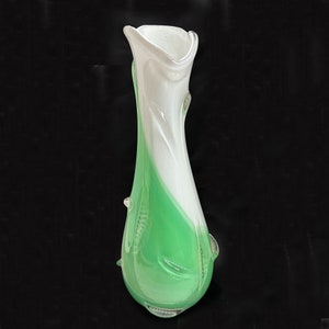 Green White Cased Fluted Neck Pulled Vase Art Glass Vase Spiral Glass Studio Hand Blown