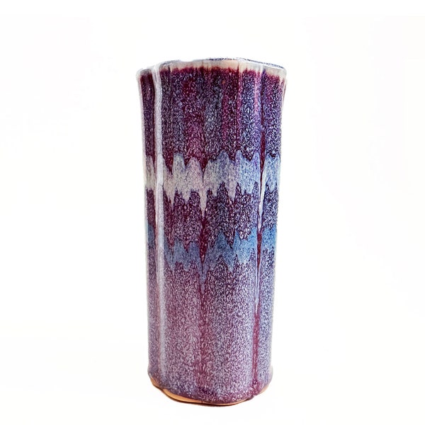 Purple Blue Drip Glaze Studio Art Pottery Vase Handmade Multi-Colored Banding 6 5/8” Tall