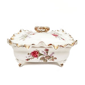 Tilso Moss Rose Ceramic Dresser Box, Jewelry Trinket Box Tilso Japan, Tilso Vanity Boudoir Gilded Lidded Porcelain Box