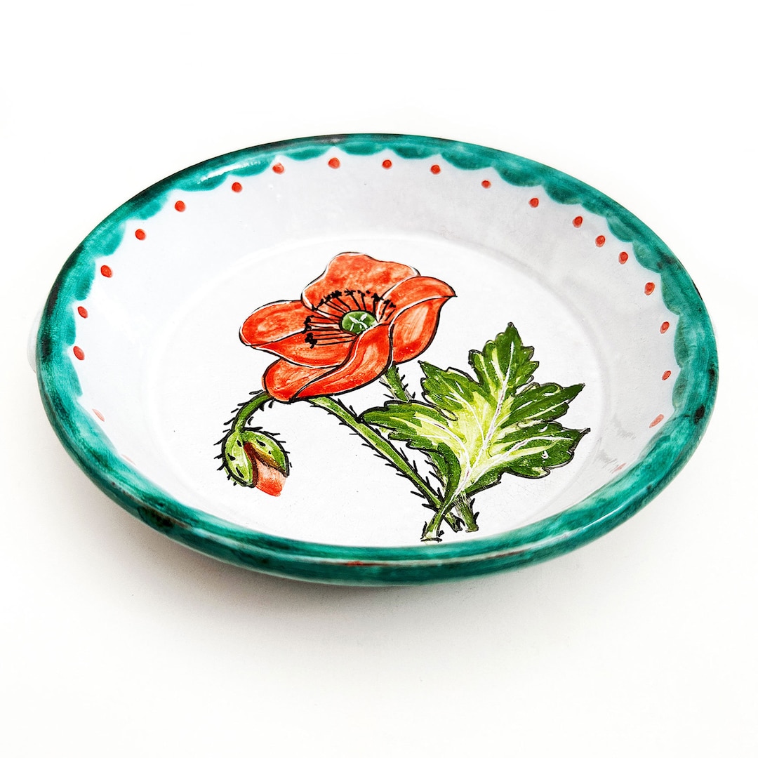 Quiche Pie Dish Terra Cotta Poppy Flower Plate Hand Painted Portugal