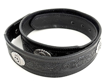 Vintage Concho Star Hand Tooled Black Leather Western Nocoma Equestrian Genuine Flowers Size 34 NO BUCKLE
