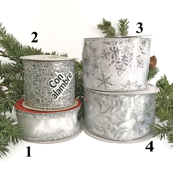 2.5 & 1.5 Inch Silver White Wired Ribbon Wreath Supply, Silver Snowflake, Silver Swirl, Silver Mesh, Metallic Ribbon, Tree Top Bow Supply
