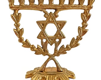 Brass Finish Menorah with Star of David and Olive Branches Judaica 3.75" Tall, Jewish Lamp Tree, Hanukkah Menorah