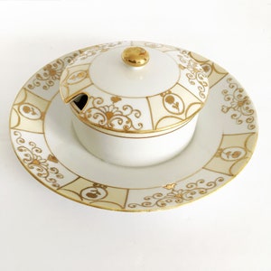 Vintage Nippon Condiment Dish 1900's Hand Painted Gold White Dish, Antique Gold Gilded Accent Nippon Covered Cheese Tray