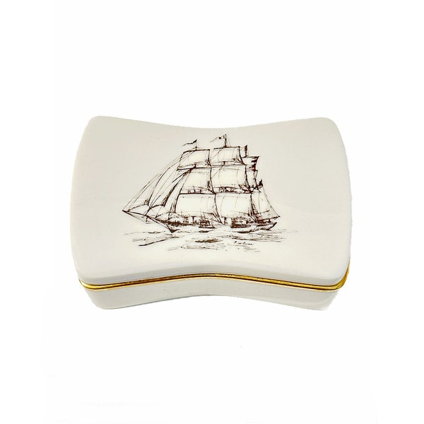 Vintage Lenox Golden West Clipper Ship of Boston Ceramic Ivory Gold Accent Trinket Dish Valet Keepsake