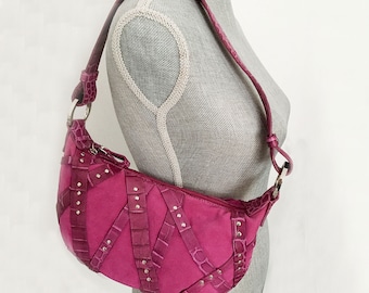 Donald J Pliner Hobo Fuchsia Suede Embossed Leather Handbag