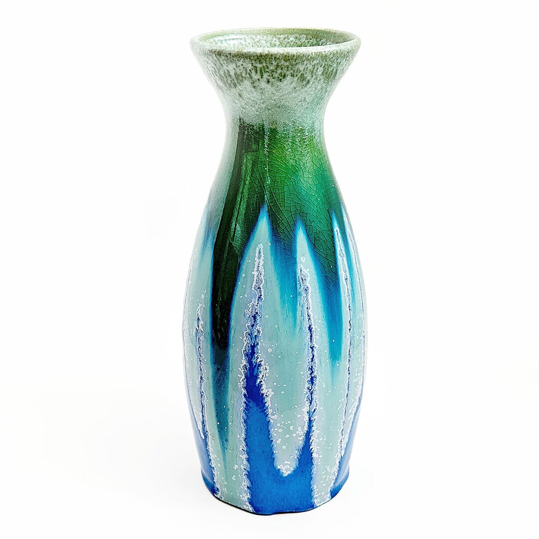 Studio Art Pottery Crystalline Drip Glaze Blue Green Hand Thrown Vase ...