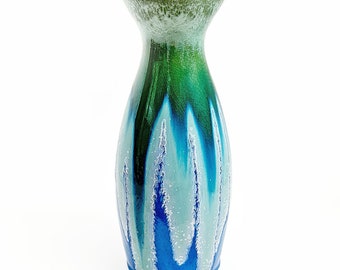 Studio Art Pottery Crystalline Drip Glaze Blue Green Hand Thrown Vase 12 1/4”