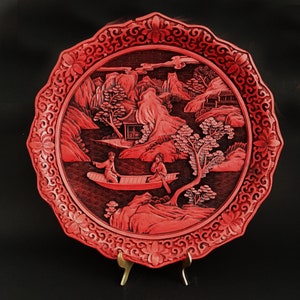 Vintage Chinese Red Cinnabar Carved Lacquer Plate Romantic Scene