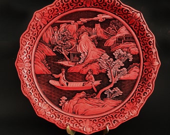 Vintage Chinese Red Cinnabar Carved Lacquer Plate Romantic Scene