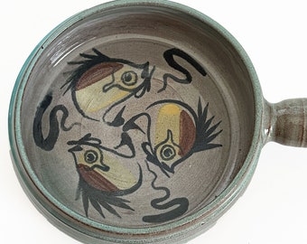 Vintage Merritt Island Pottery 1950 Fish Crock Casserole with handle Signed Artisan Melvin Casper