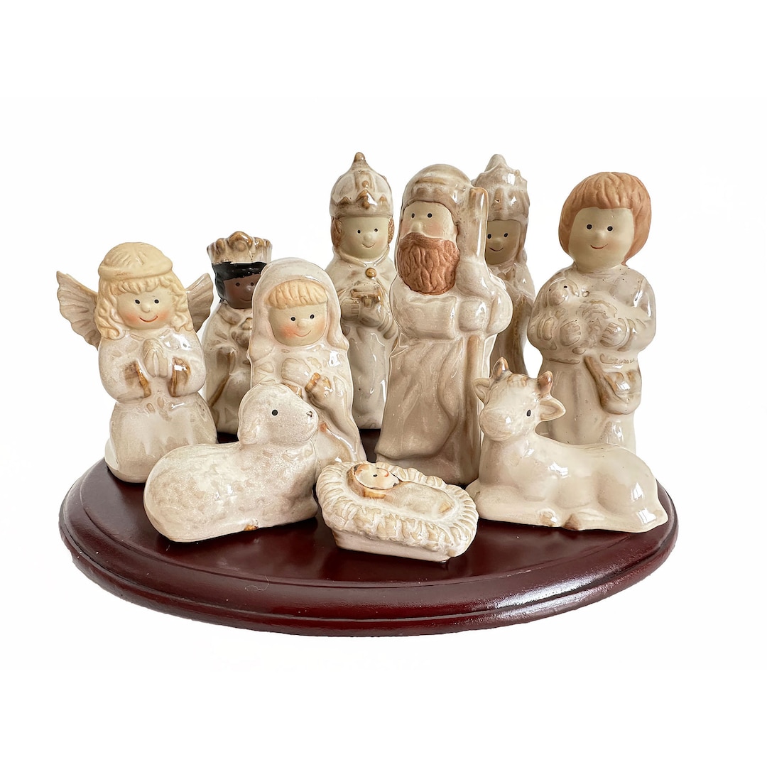 Vintage Ceramic Nativity Set With Wooden Base 10 Piece Set, Kirklands