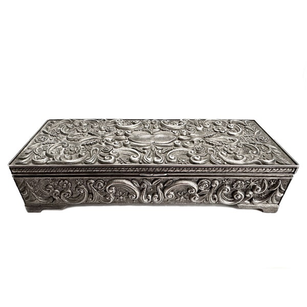 Vintage Godinger Silver Plate Decorative Jewelry Box Floral Scrollwork Dresser Lidded Box Mirror Lined Box Marked 1992