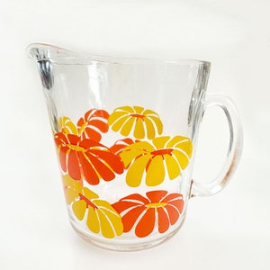 Vintage Yellow Orange Glass Juice Water Pitcher Mid Century Modern 1970&#39;s  Flower Power