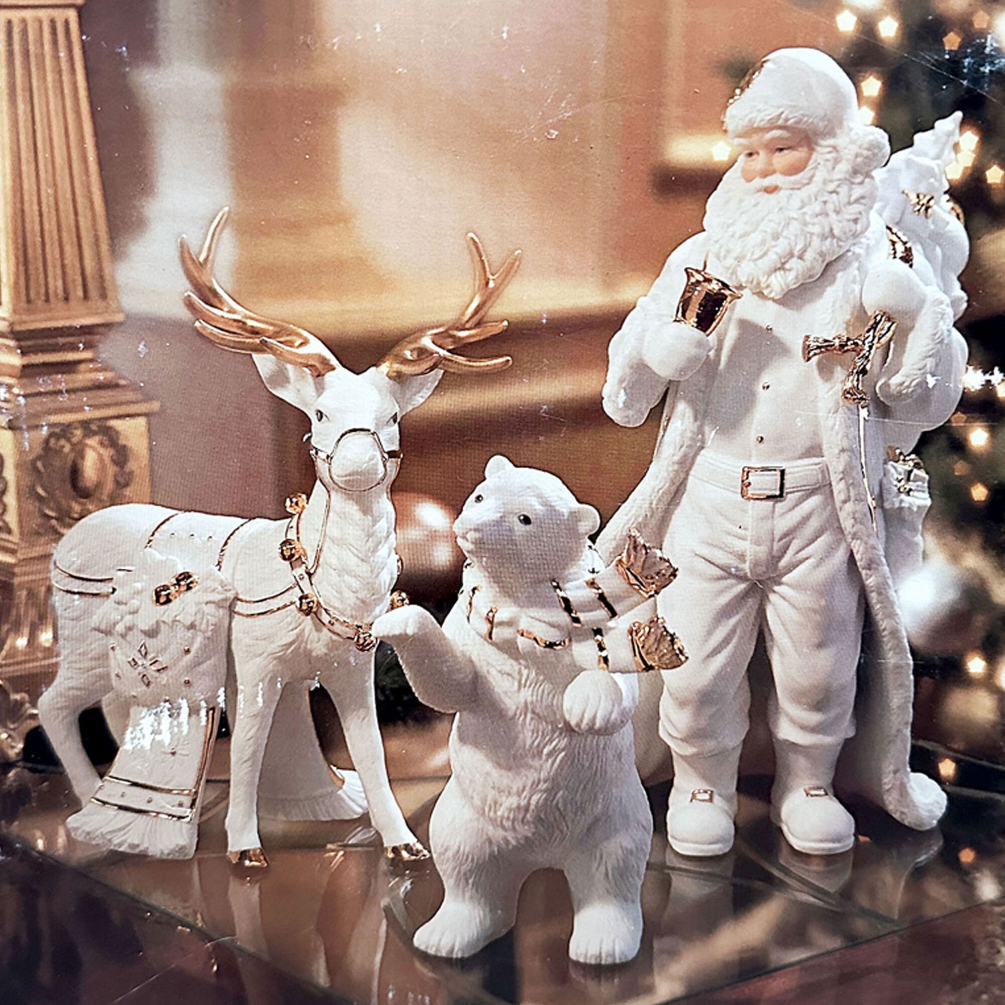 Vintage Grandeur Noel Santa Reindeer Polar Bear 1999 White Gold