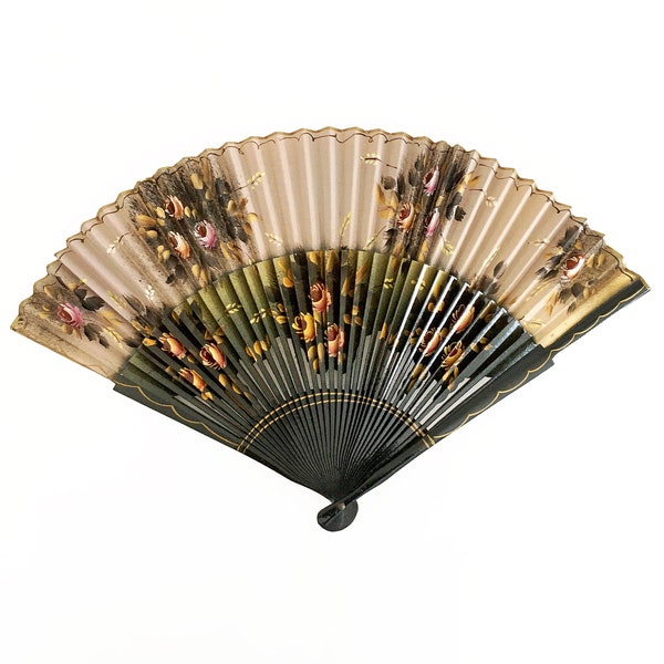 Vintage Decorative Hand Painted Fan Black Lacquer Floral Fan 1990's El Corte Ingles Madrid Spain