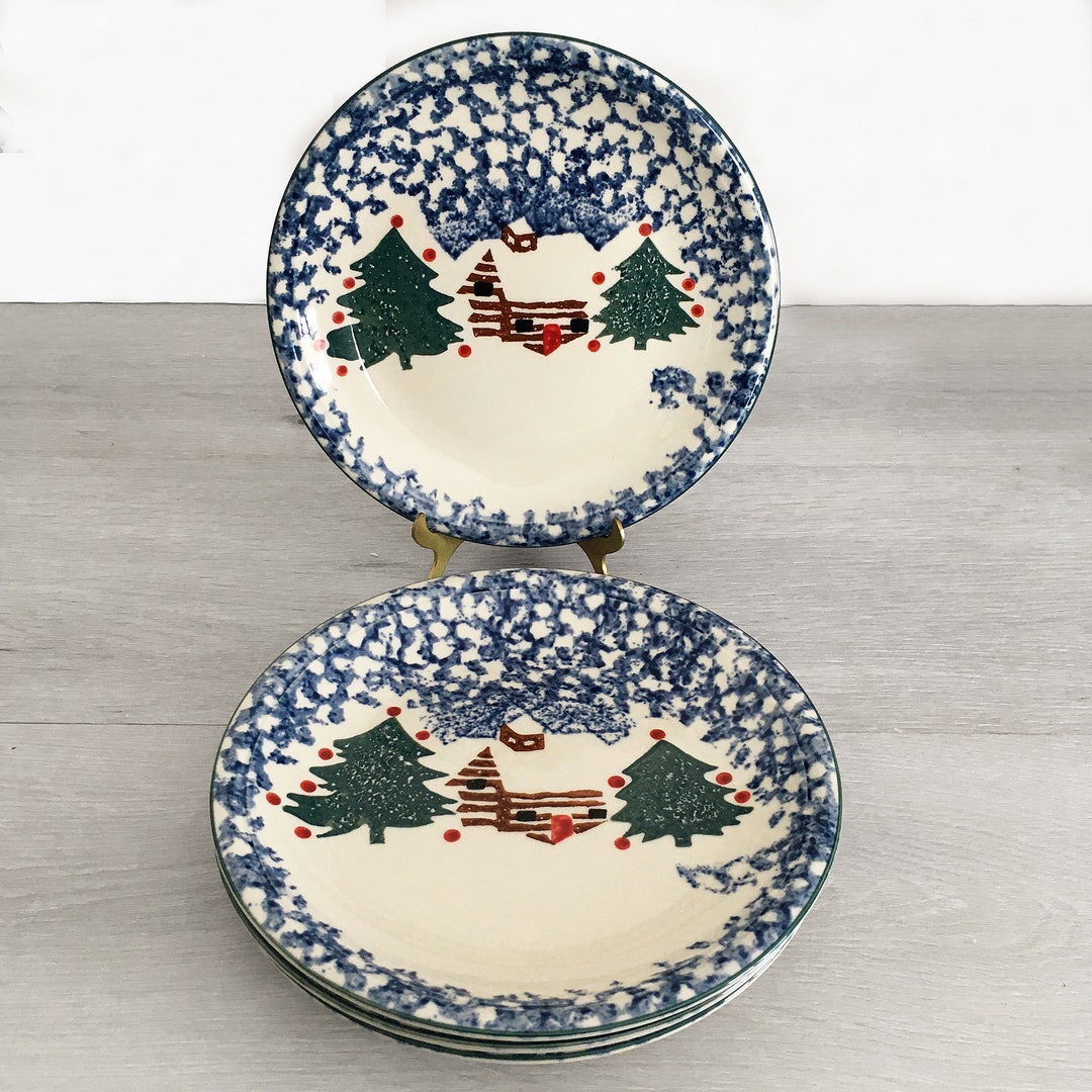 TIENSHAN cabin in the Snow Log Cabin Blue Spongeware Collection set of