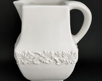Italian Off White Farmhouse Style Embossed Floral Ceramic Pitcher Pottery by Ceramica Stefani Italy Pitcher