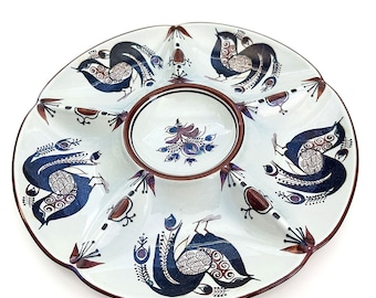 Vintage Royal Copenhagen Faience Bird Motif Ceramic Divided Serving Dish Relish Dish by Berte Jessen, Folk Art Ceramic Divided Serving Dish