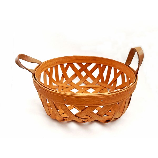 Open Wood Slat Basket 11" Workshops Gerald Henn, Open Wooden Slats Shallow Basket Leather Side Handles Wall Decor