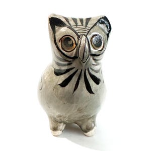 Tonala Gray Footed Owl Figurine Mexican Pottery, Hand Painted Folk Art Pottery Owl Figurine