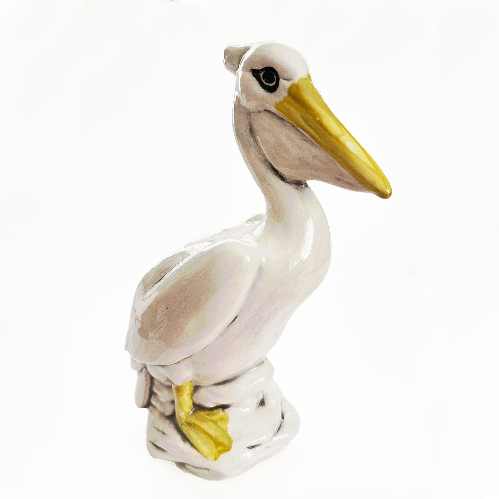 Pelican Bird Ceramic Majolica Figurine in Yellow Whitish Gray and Black