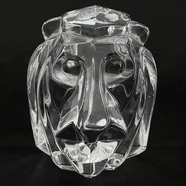 JG Durand Clear Art Lead Glass Crystal Lion Head Bust Figurine Paperweight