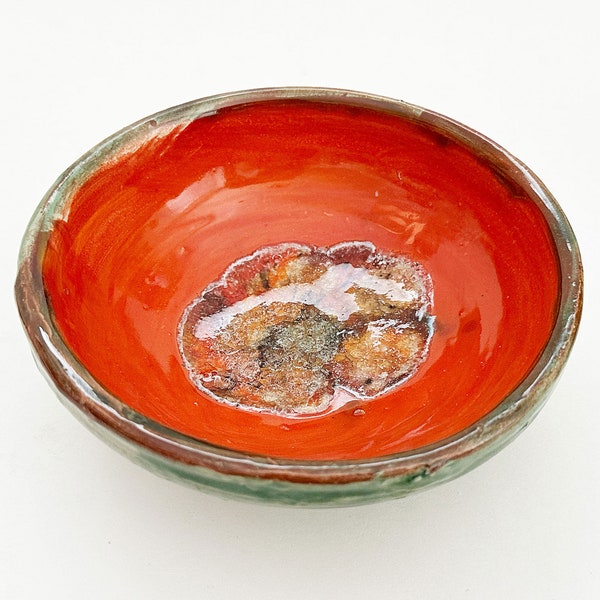 Studio Pottery Orange Crystalline Glaze Round Bowl Hand Thrown Ceramic Round Bowl Artisan Signed NA