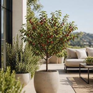 Könnte beinhalten: Ein kleiner Baum mit roten Beeren und grünen Blättern in einem großen, hellgrauen, abgerundeten Pflanzgefäß. Der Baum steht auf einer Terrasse mit anderen Pflanzen und Gartenmöbeln. Der Hintergrund zeigt eine Hügellandschaft und einen klaren blauen Himmel.