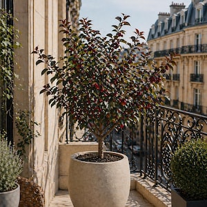 Puede incluir: Un árbol en maceta con bayas rojas y hojas verdes oscuras en un balcón. El árbol está en una maceta grande, redondeada y de color claro. Una barandilla de hierro forjado y edificios se ven al fondo.