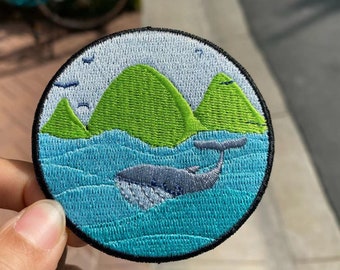 Iron On Patch,Whale, Sea Patch, Nature View, Sea Macaron Patch, Embroidered Applique, Sew On Patch,Sky blue, Patch Whale, Applique Whale