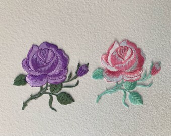 Roses Patch, 3.5 Inch Iron On Roses, Pink Rose, Purple Rose, Sew On Patch, Embroidery , Badge Roses, Applique Pink Rose, Rose Purple