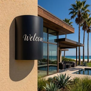 May include: A matte black, semi-cylindrical wall-mounted light fixture featuring the word Welcome in a white, cursive script font. The fixture is mounted on a textured, light tan stucco wall, providing a contrast to the dark finish.
