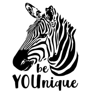May include: Black and white zebra head illustration with the text "be YOUnique" below.